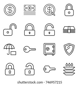 thin line icon set : dollar, money, arrow, lock, unlock, insurance, key, safe, shield, locked, unlocked, plate washing