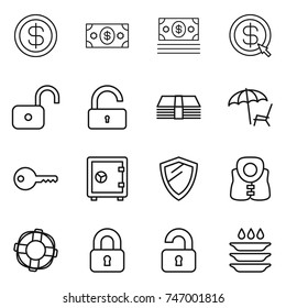 thin line icon set : dollar, money, arrow, unlock, lounger, key, safe, shield, life vest, lifebuoy, locked, unlocked, plate washing
