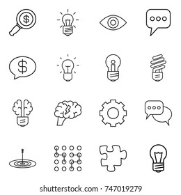 thin line icon set : dollar magnifier, bulb, eye, message, money, brain, gear, discussion, target, chip, puzzle