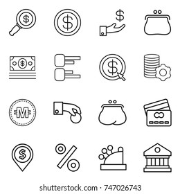thin line icon set : dollar magnifier, investment, purse, money, diagram, arrow, virtual mining, crypto currency, hand coin, credit card, pin, percent, cashbox, library