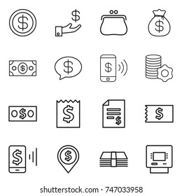 thin line icon set : dollar, investment, purse, money bag, message, phone pay, virtual mining, receipt, account balance, mobile, pin, atm