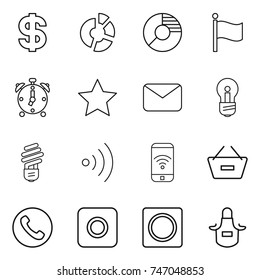 thin line icon set : dollar, circle diagram, flag, alarm clock, star, mail, bulb, wireless, phone, remove from basket, ring button, apron thin line icon set : dollar, circle diagram, flag, alarm clock, star, mail, bulb, wireless, phone, remove from basket, ring button, apron