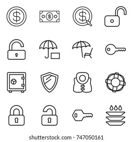 thin line icon set : dollar, money, arrow, unlock, insurance, lounger, key, safe, shield, life vest, lifebuoy, locked, unlocked, plate washing