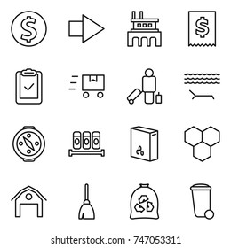 thin line icon set : dollar coin, right arrow, factory, tax, clipboard check, fast deliver, passenger, lounger, compass, spices, cereals, honeycombs, barn, broom, garbage bag, trash bin