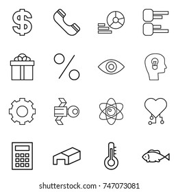 thin line icon set : dollar, phone, diagram, gift, percent, eye, bulb head, gear, satellite, atom, cardio chip, calculator, warehouse, thermometer, fish
