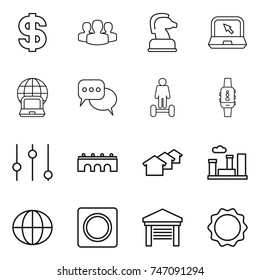 thin line icon set : dollar, group, chess horse, notebook, globe, discussion, hoverboard, smart watch, equalizer, bridge, houses, city, ring button, garage, induction oven