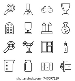 thin line icon set : dollar magnifier, flask, smart glasses, wineglass, arch window, fragile, cargo top sign, chemical, search, cocktail, vegetable oil, measuring cup, bank, clean