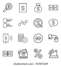 thin line icon set : dollar magnifier, receipt, money bag, diagram, graph, arrow, message, phone pay, virtual mining, crypto currency, hand coin, credit card, percent, cashbox