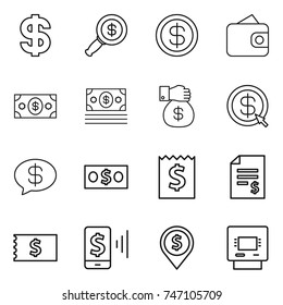 thin line icon set : dollar, magnifier, wallet, money, gift, arrow, message, receipt, account balance, mobile pay, pin, atm