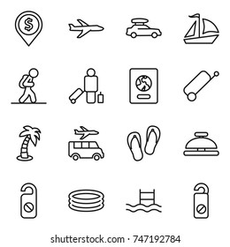 thin line icon set : dollar pin, plane, car baggage, sail boat, tourist, passenger, passport, suitcase, palm, transfer, flip flops, service bell, do not distrub, inflatable pool