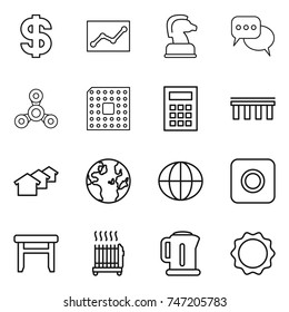 thin line icon set : dollar, statistics, chess horse, discussion, spinner, cpu, calculator, bridge, houses, globe, ring button, stool, radiator, kettle, induction oven