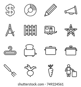 thin line icon set : dollar, circle diagram, pencil, loudspeaker, draw compass, pallet, trailer, starfish, hanger, toaster, pan, big fork, beet, carrot, garbage bin