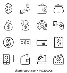 thin line icon set : dollar, investment, wallet, purse, money bag, gift, arrow, hand coin, credit card, receipt, mobile pay, cashbox