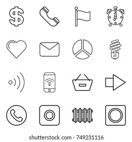 thin line icon set : dollar, phone, flag, alarm clock, heart, mail, diagram, bulb, wireless, remove from basket, right arrow, ring button, radiator