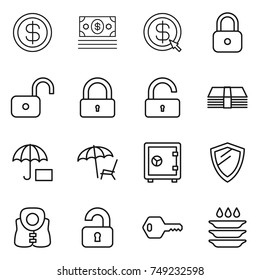 thin line icon set : dollar, money, arrow, lock, unlock, insurance, lounger, safe, shield, life vest, unlocked, key, plate washing