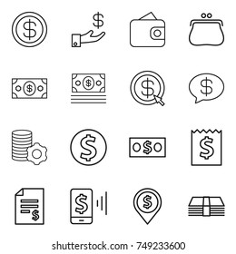 thin line icon set : dollar, investment, wallet, purse, money, arrow, message, virtual mining, coin, receipt, account balance, mobile pay, pin