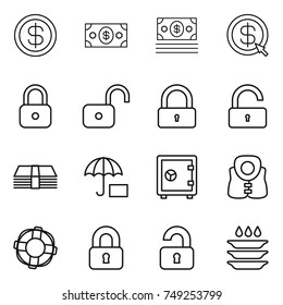 thin line icon set : dollar, money, arrow, lock, unlock, insurance, safe, life vest, lifebuoy, locked, unlocked, plate washing