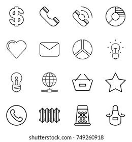 thin line icon set : dollar, phone, call, circle diagram, heart, mail, bulb, globe connect, remove from basket, star, radiator, grater, apron