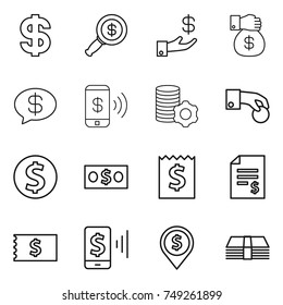 thin line icon set : dollar, magnifier, investment, money gift, message, phone pay, virtual mining, hand coin, receipt, account balance, mobile, pin