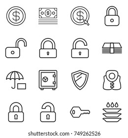 thin line icon set : dollar, money, arrow, lock, unlock, insurance, safe, shield, life vest, locked, unlocked, key, plate washing