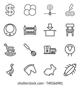 thin line icon set : dollar, atom core, laser, infinity power, necklace, gothic architecture, package, chair, rocking, whisk, food processor, sheep, goose, horse, rabbit, bug