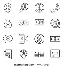 thin line icon set : dollar, magnifier, investment, money bag, arrow, message, phone pay, coin, account balance, pin, atm