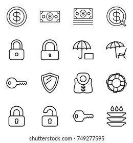 thin line icon set : dollar, money, arrow, lock, insurance, lounger, key, shield, life vest, lifebuoy, locked, unlocked, plate washing
