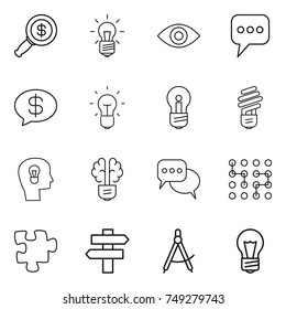 thin line icon set : dollar magnifier, bulb, eye, message, money, head, brain, discussion, chip, puzzle, singlepost, draw compass