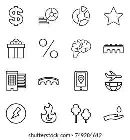 thin line icon set : dollar, diagram, circle, star, gift, percent, brain, bridge, houses, mobile location, plane shipping, electricity, fire, trees, hand and drop