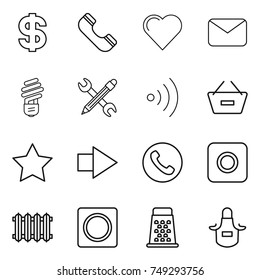 thin line icon set : dollar, phone, heart, mail, bulb, pencil wrench, wireless, remove from basket, star, right arrow, ring button, radiator, grater, apron