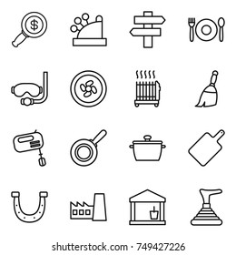 thin line icon set : dollar magnifier, cashbox, singlepost, cafe, diving mask, cooler fan, radiator, broom, mixer, pan, cutting board, horseshoe, factory, utility room, plunger