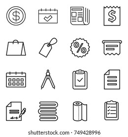 thin line icon set : dollar, calendar, newspaper, receipt, shopping bag, label, percent, atm, drawing compasses, clipboard check, document, inventory, towels, paper towel, list