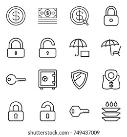 thin line icon set : dollar, money, arrow, lock, unlock, insurance, lounger, key, safe, shield, life vest, locked, unlocked, plate washing