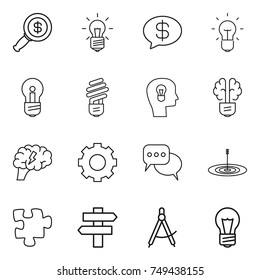 thin line icon set : dollar magnifier, bulb, money message, head, brain, gear, discussion, target, puzzle, singlepost, draw compass