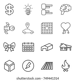 thin line icon set : dollar, bulb, diagram, brain, satellite, car pointer, cpu, cardio chip, bow, calendar, warehouse, house with garage, 3d, electricity, field, fire