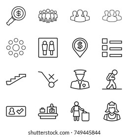 thin line icon set : dollar magnifier, team, group, round around, wc, pin, list, stairs, do not trolley sign, security man, tourist, check in, baggage checking, garbage bin, cleaner