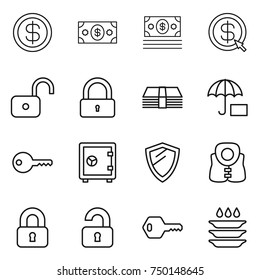 thin line icon set : dollar, money, arrow, unlock, lock, insurance, key, safe, shield, life vest, locked, unlocked, plate washing