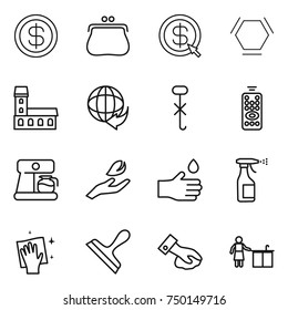 thin line icon set : dollar, purse, arrow, hex molecule, mansion, delivery, do not hook sign, remote control, coffee maker, hand leaf, drop, sprayer, wiping, scraper, kitchen cleaning