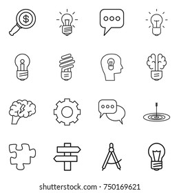 thin line icon set : dollar magnifier, bulb, message, head, brain, gear, discussion, target, puzzle, singlepost, draw compass