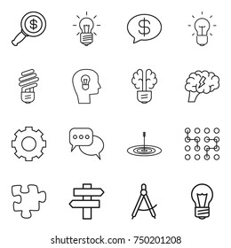 thin line icon set : dollar magnifier, bulb, money message, head, brain, gear, discussion, target, chip, puzzle, singlepost, draw compass