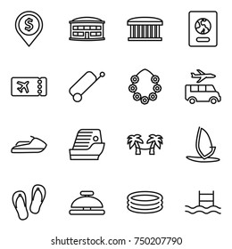 thin line icon set : dollar pin, airport building, passport, ticket, suitcase, hawaiian wreath, transfer, jet ski, cruise ship, palm hammock, windsurfing, flip flops, service bell, inflatable pool