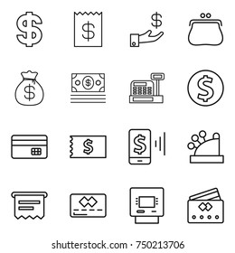 thin line icon set : dollar, receipt, investment, purse, money bag, cashbox, coin, credit card, mobile pay, atm