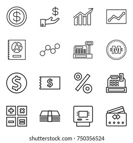 thin line icon set : dollar, investment, diagram, statistics, annual report, graph, cashbox, crypto currency, coin, receipt, percent, calculator, money, atm, credit card