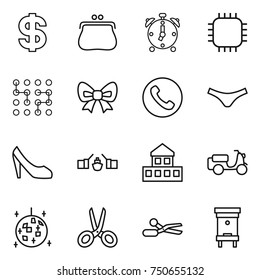 thin line icon set : dollar, purse, alarm clock, chip, bow, phone, underpants, shoes, drawbridge, cottage, scooter shipping, disco ball, scissors, hive