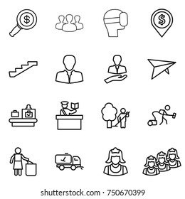 thin line icon set : dollar magnifier, group, virtual mask, pin, stairs, client, deltaplane, baggage checking, inspector, garden cleaning, vacuum cleaner, garbage bin, home call, outsource