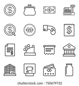 thin line icon set : dollar, purse, money, cashbox, arrow, crypto currency, hand coin, receipt, account balance, atm, library, office, credit card, bank