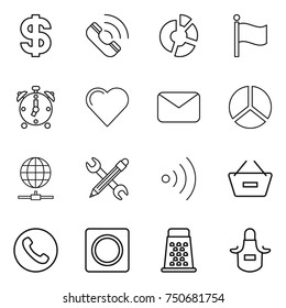 thin line icon set : dollar, call, circle diagram, flag, alarm clock, heart, mail, globe connect, pencil wrench, wireless, remove from basket, phone, ring button, grater, apron