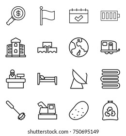 thin line icon set : dollar magnifier, flag, calendar, battery, building, block wall, earth, trailer, reception, bed, satellite antenna, towels, whisk, harvester, potato, garbage bag