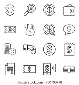 thin line icon set : dollar, magnifier, wallet, money, gift, arrow, message, virtual mining, hand coin, receipt, account balance, mobile pay