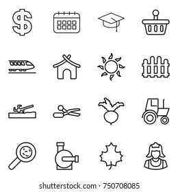 thin line icon set : dollar, calendar, graduate hat, basket, train, bungalow, sun, fence, soil cutter, scissors, beet, tractor, viruses, water pump, maple leaf, cleaner